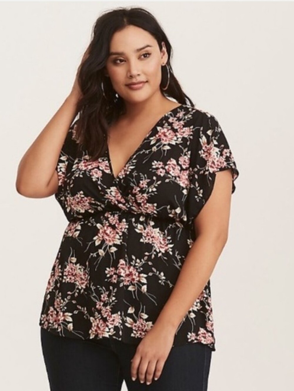 Torrid Black V-Neck Surplice Faux Wrap Floral Top with Tie Back Sz 2X Dark Fairy